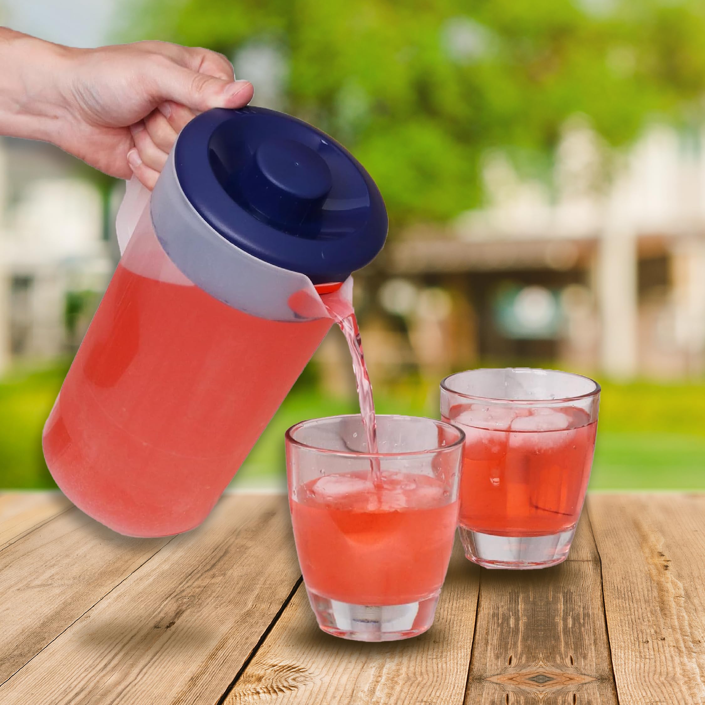 JOEY'Z freezer-safe plastic pitcher keeps drinks cold.