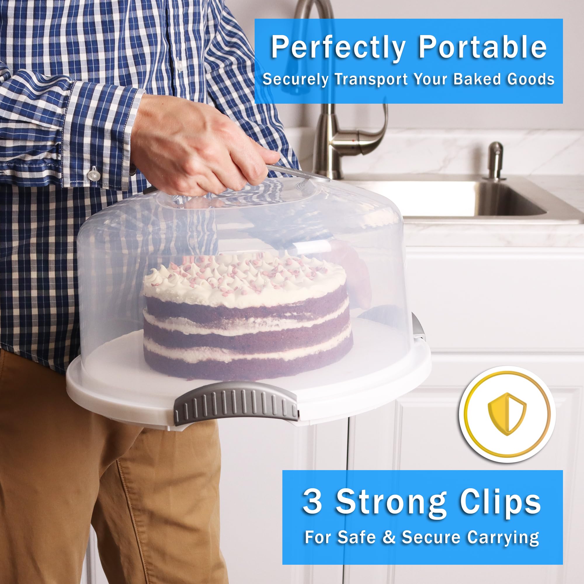 Joey'z lockable cake cover provides secure travel for baked goods.