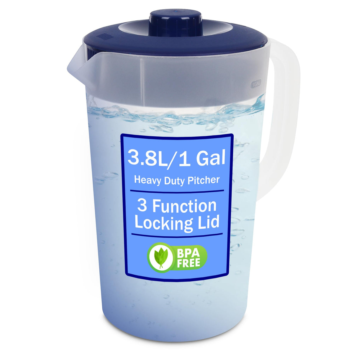 JOEY'Z water pitcher with navy lid for compact fridge storage.