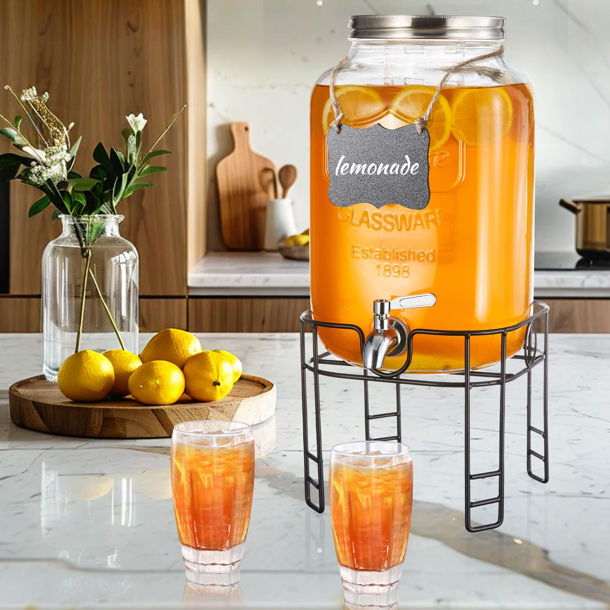 Sturdy metal stand supports the JOFUYU dispenser at weddings and picnics