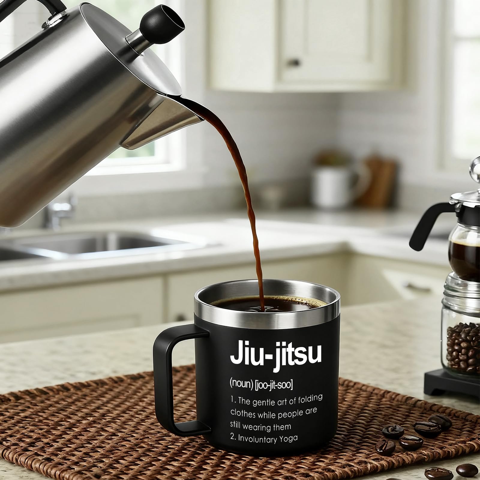 Jogskeor Jiu Jitsu Definition mug close-up lid shows durable stainless steel construction.