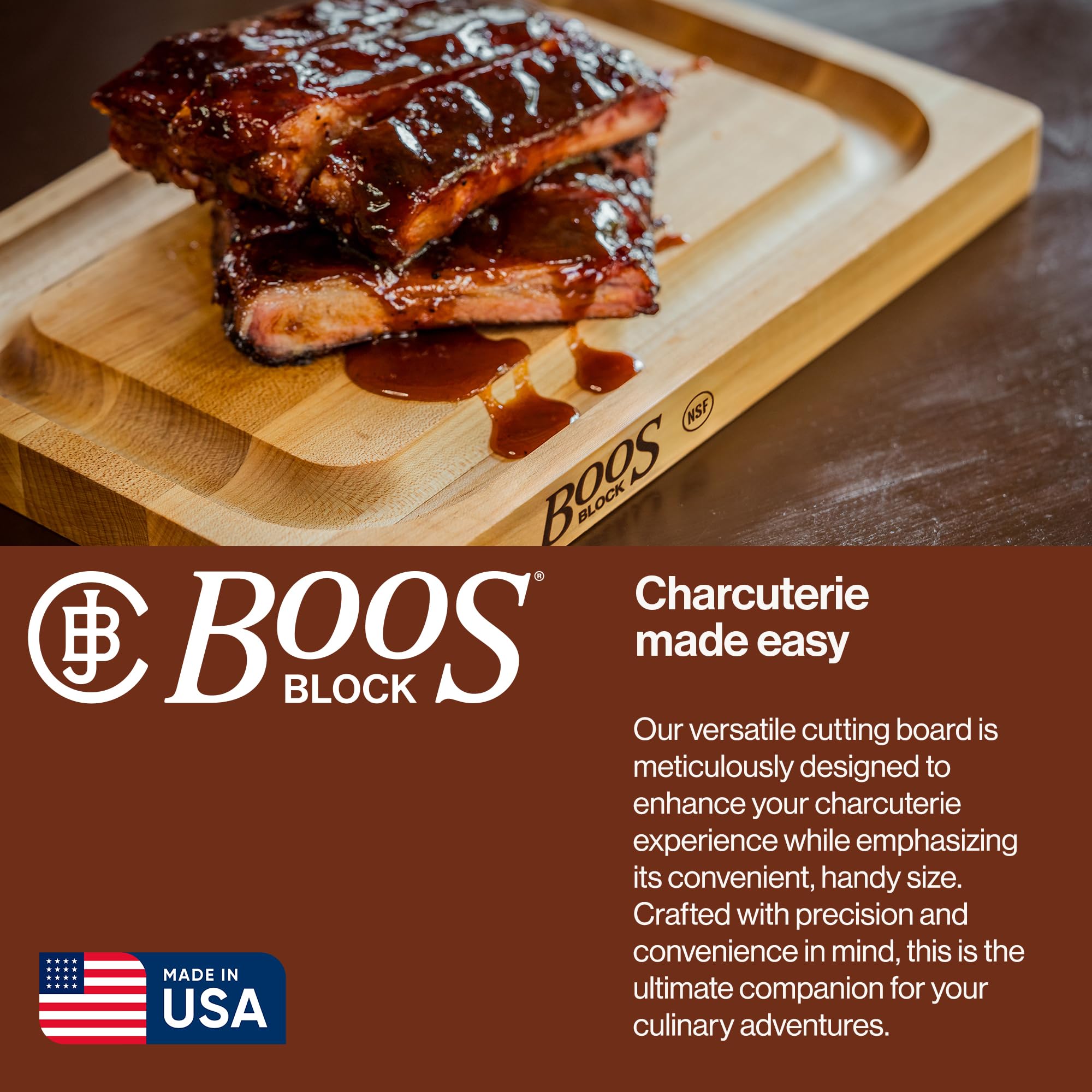 John Boos Chop-N-Slice edge-grain maple construction for lasting durability.