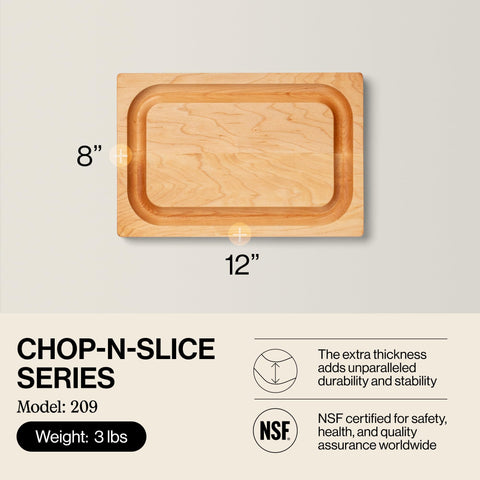 John Boos Chop-N-Slice board shows juice groove catching liquids during prep.
