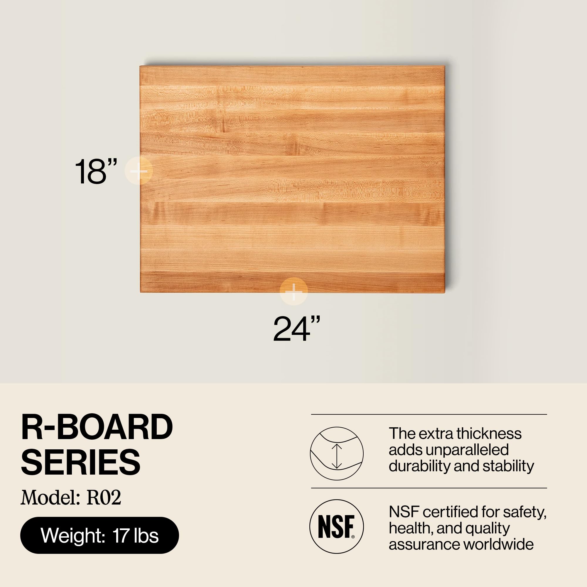 John Boos R-Board edge-grain construction for durable daily use.