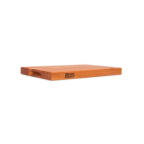 Recessed finger grips on John Boos R-Board cherry cutting board for easy lifting.