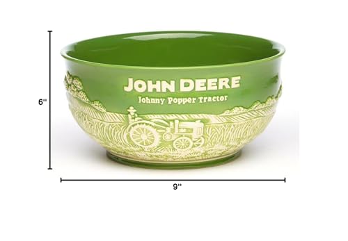John Deere Large Popcorn Bowl cream-green glaze offers durable, easy-clean surface.