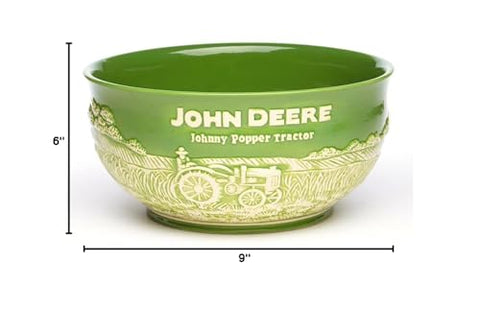 John Deere Large Popcorn Bowl cream-green glaze offers durable, easy-clean surface.