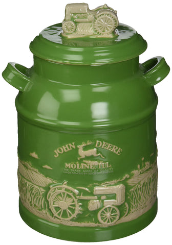 John Deere milk can cookie jar front view for farmhouse kitchen display or gifting.