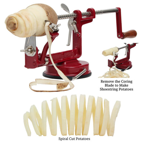 Johnny Apple Peeler cast-iron-body provides sturdy support during prep tasks.