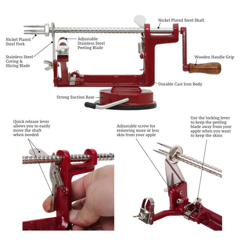 Johnny Apple Peeler strong-suction-base keeps the unit secure on smooth surfaces.