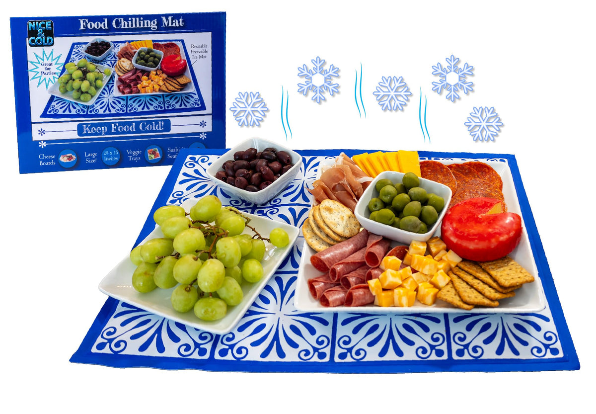 Johnny World Freezable Ice Mat under a cheese board keeps appetizers cool for entertaining