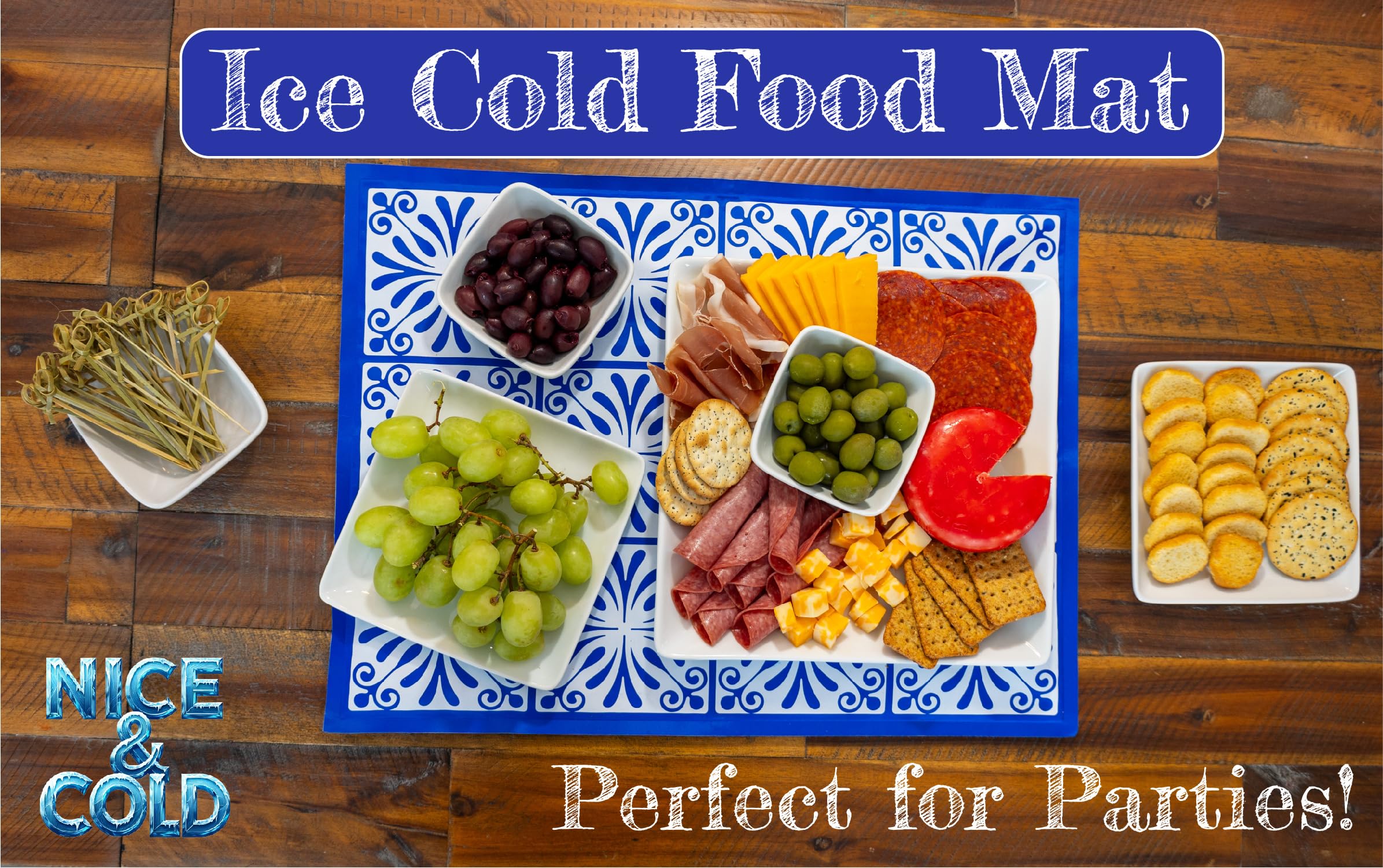 Johnny World Freezable Ice Mat with deli meat platter cooling during a party