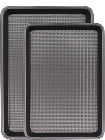 JOHO BAKING 2-pack nonstick cookie sheets with 0.8mm dark steel for easy release.