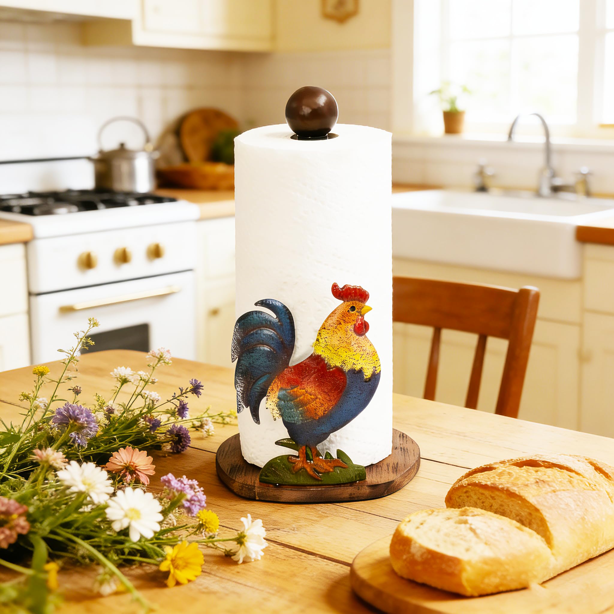 Top view of Johoxton rooster paper towel holder shows compact design