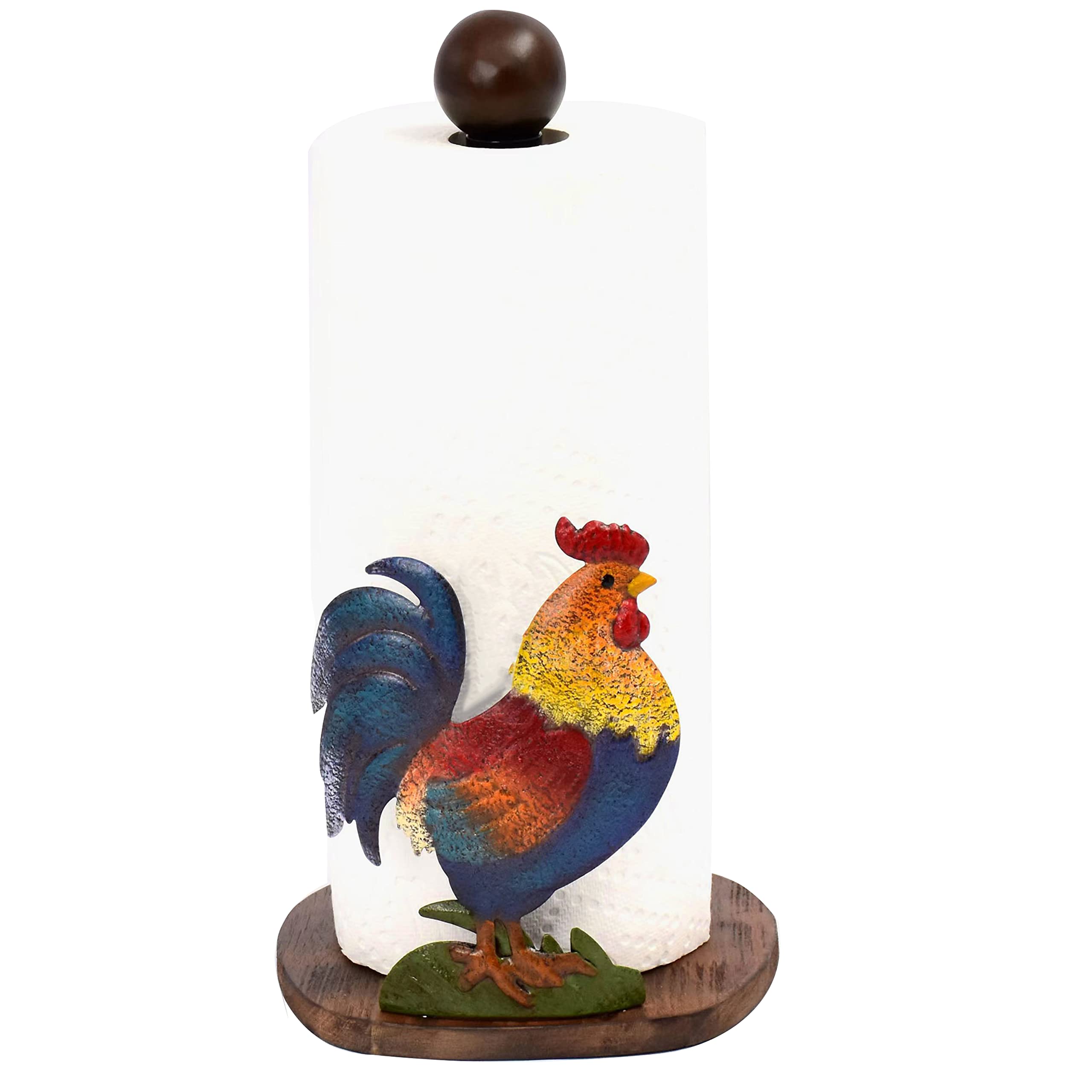Johoxton rooster paper towel holder on wood base adds rustic charm and practicality
