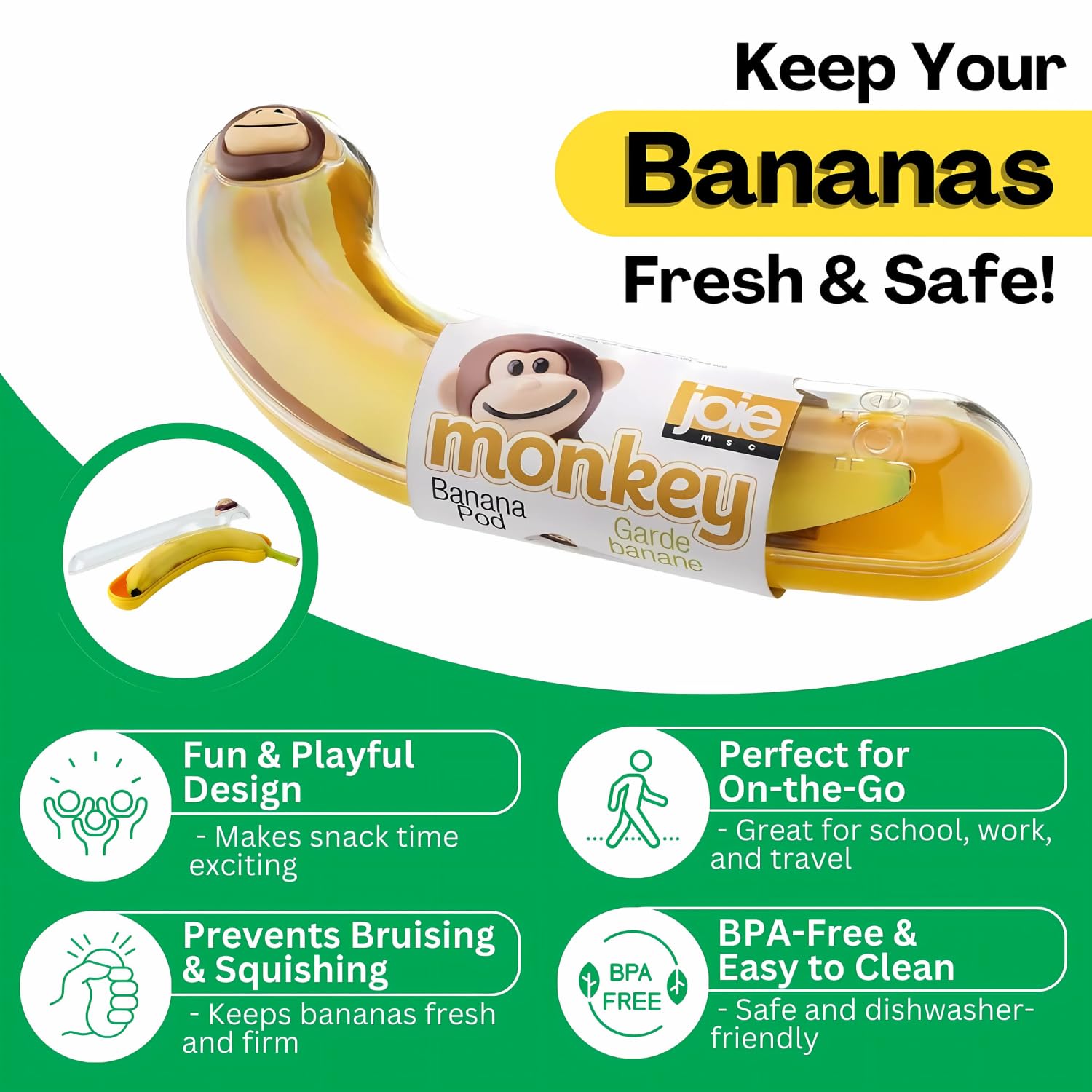 Joie Monkey Banana Pod dishwasher safe for easy cleanup after snacks