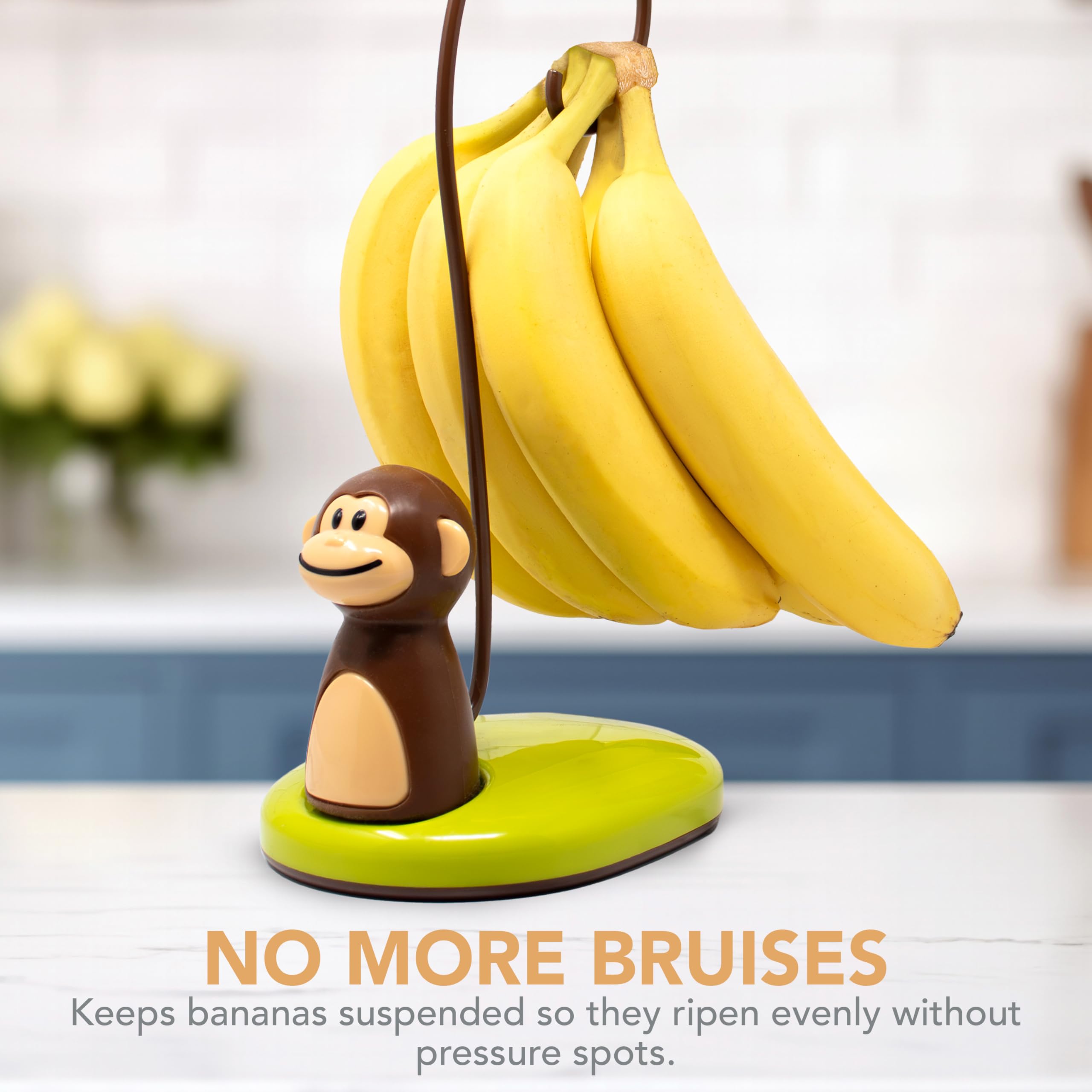 Bananas hang above the counter to promote airflow and reduce bruising.