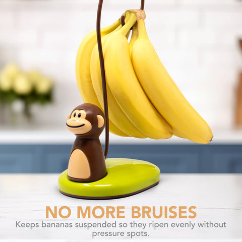 Bananas hang above the counter to promote airflow and reduce bruising.