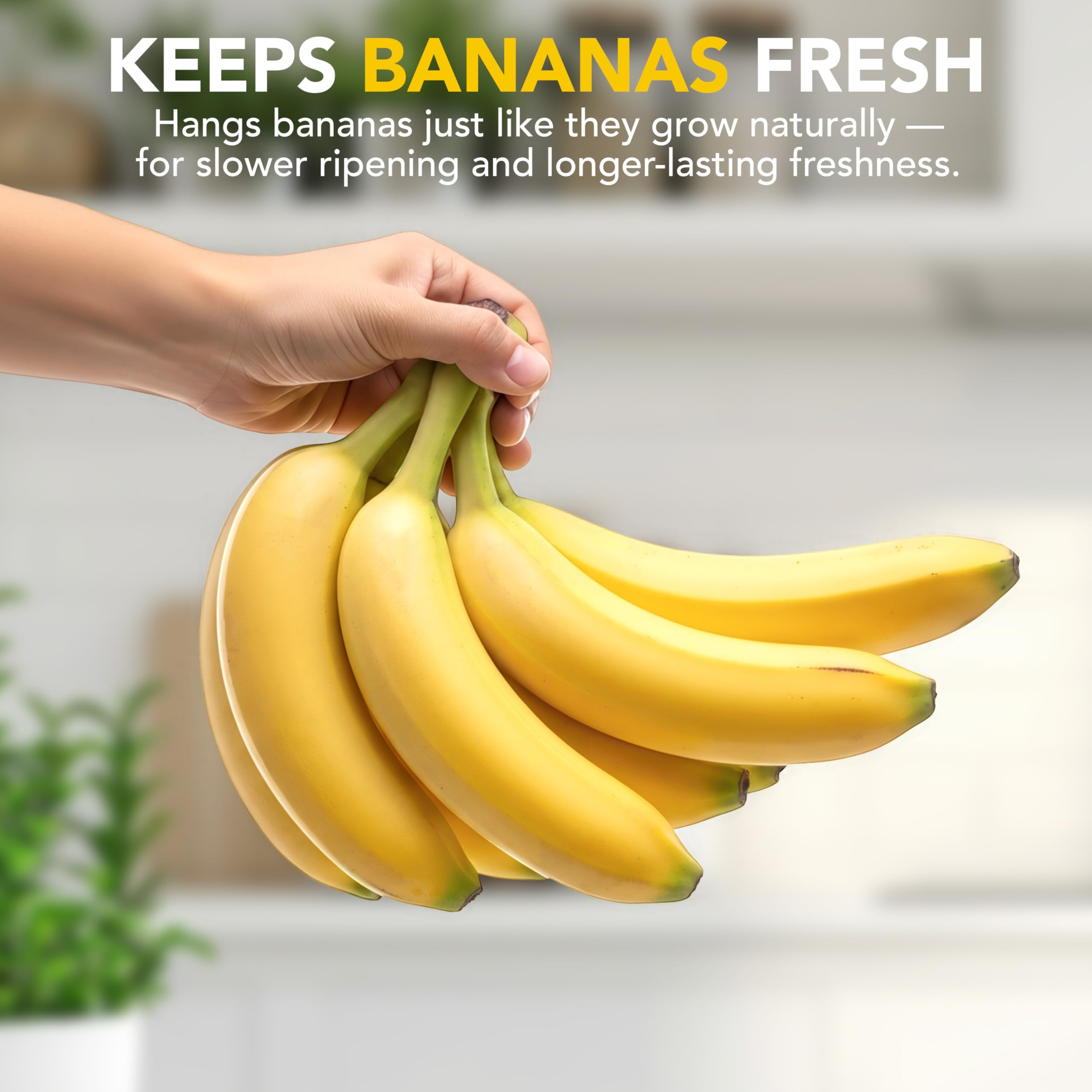 Secure hook keeps bananas safely suspended for mess-free, gentle ripening.