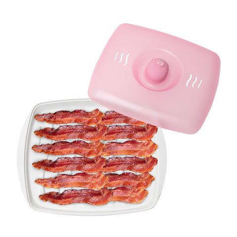 Joie Piggy microwave bacon tray with splatter lid for mess-free crispy bacon.