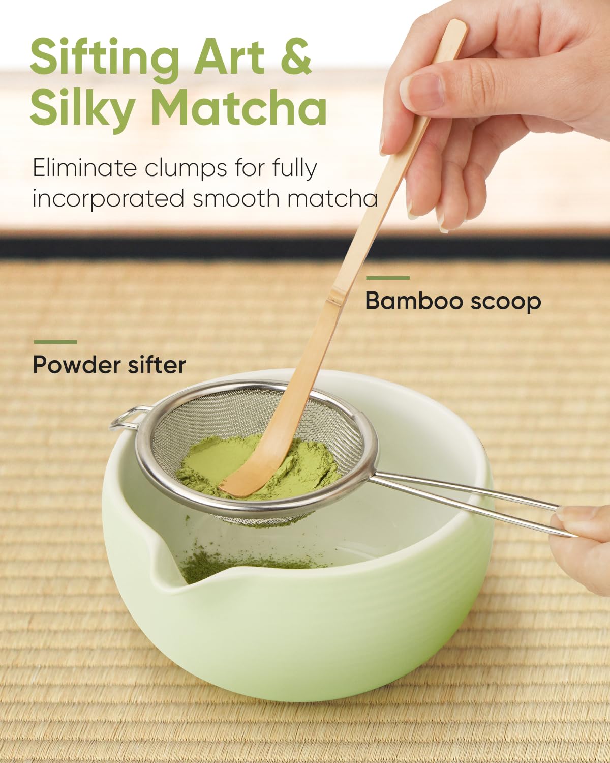 Joiish bamboo scoop chashaku finely grinds powder for silky matcha texture.