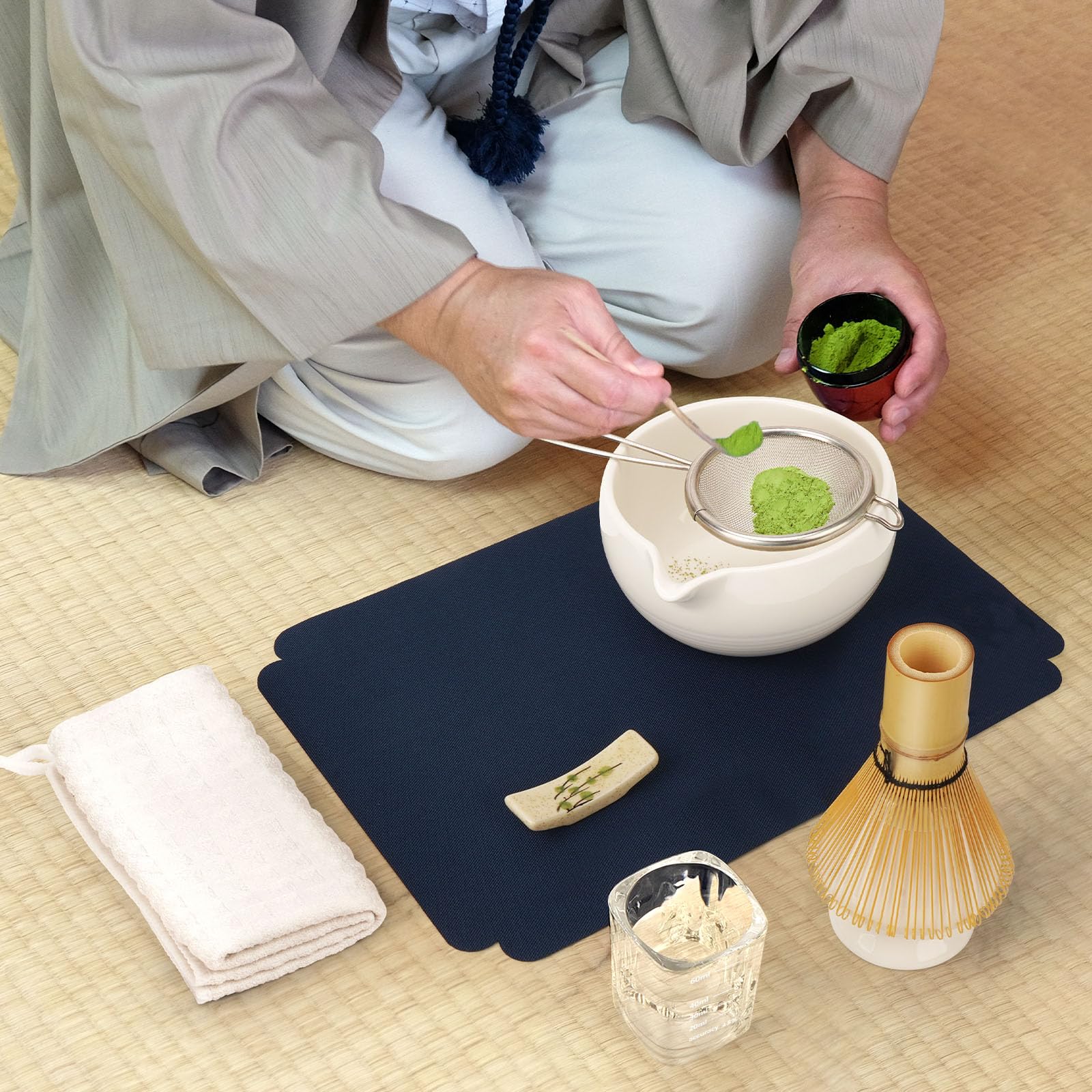 Joiish chasen bamboo whisk pairs with bowl for authentic ritual.