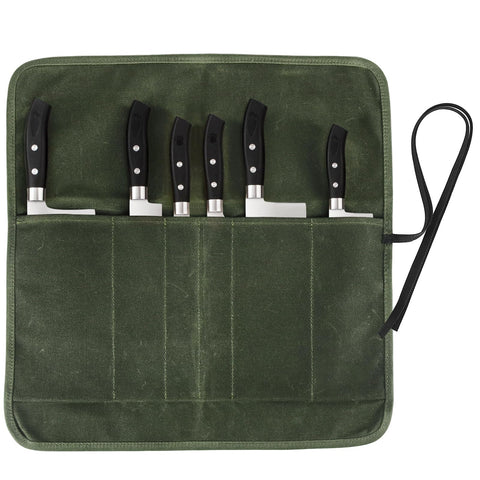JOINDO knife roll bag green with 6 slots for organized knives on the go.