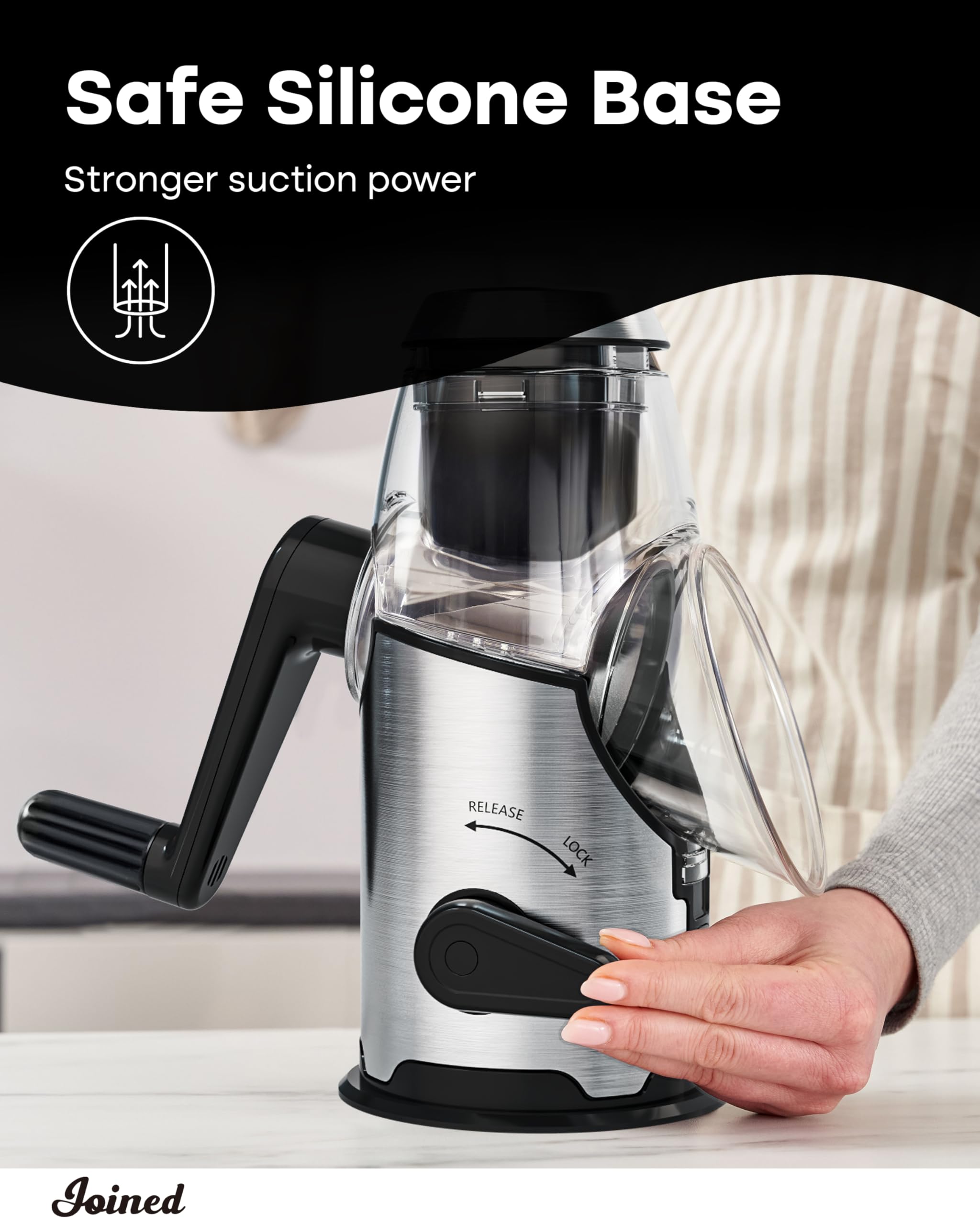 Joined countertop-ready grater assembly supports effortless turning and minimal mess.