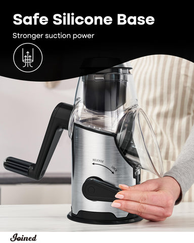 Joined countertop-ready grater assembly supports effortless turning and minimal mess.