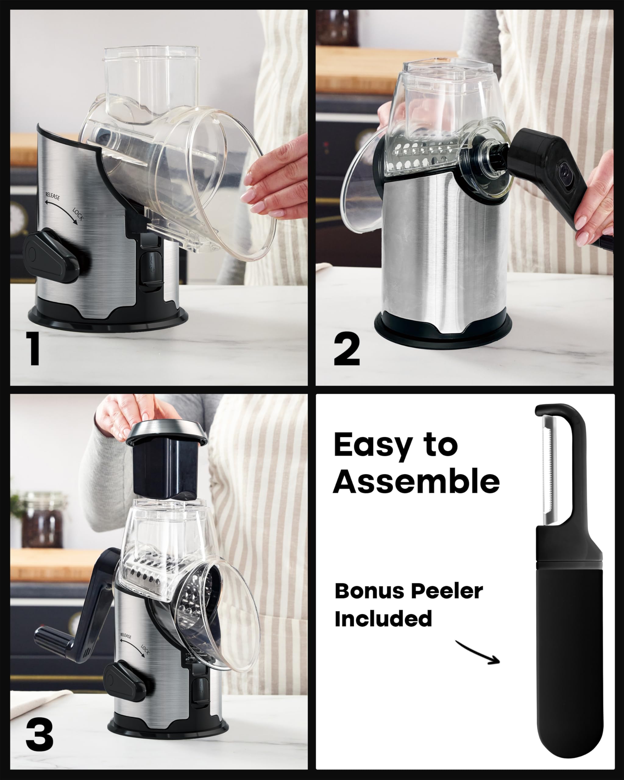 Joined kitchen multi-tool makes slicing, grating, and shredding quick and easy.