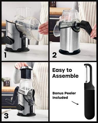 Joined kitchen multi-tool makes slicing, grating, and shredding quick and easy.