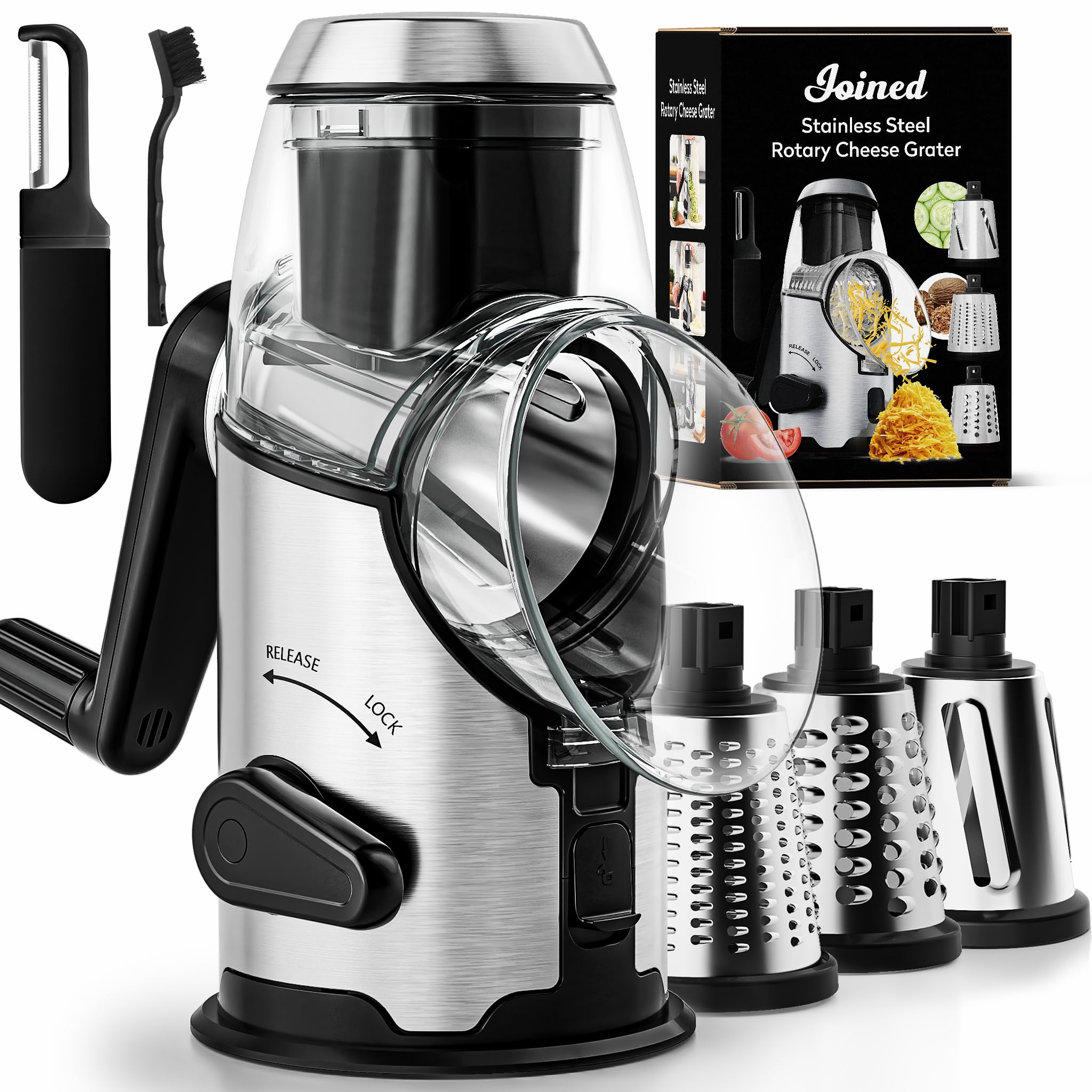 Joined rotary cheese grater with handle secures stable, quick shredding on the counter.