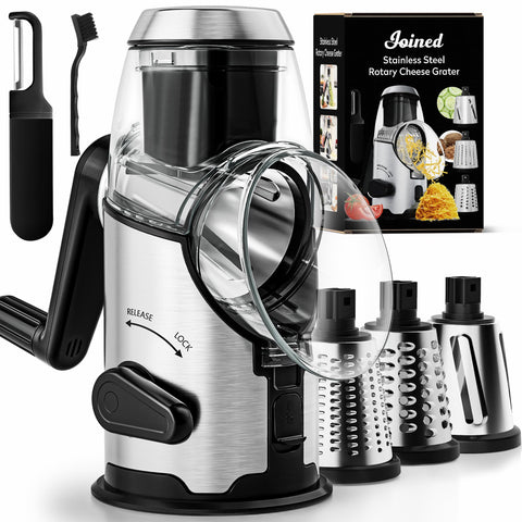 Joined rotary cheese grater with handle secures stable, quick shredding on the counter.
