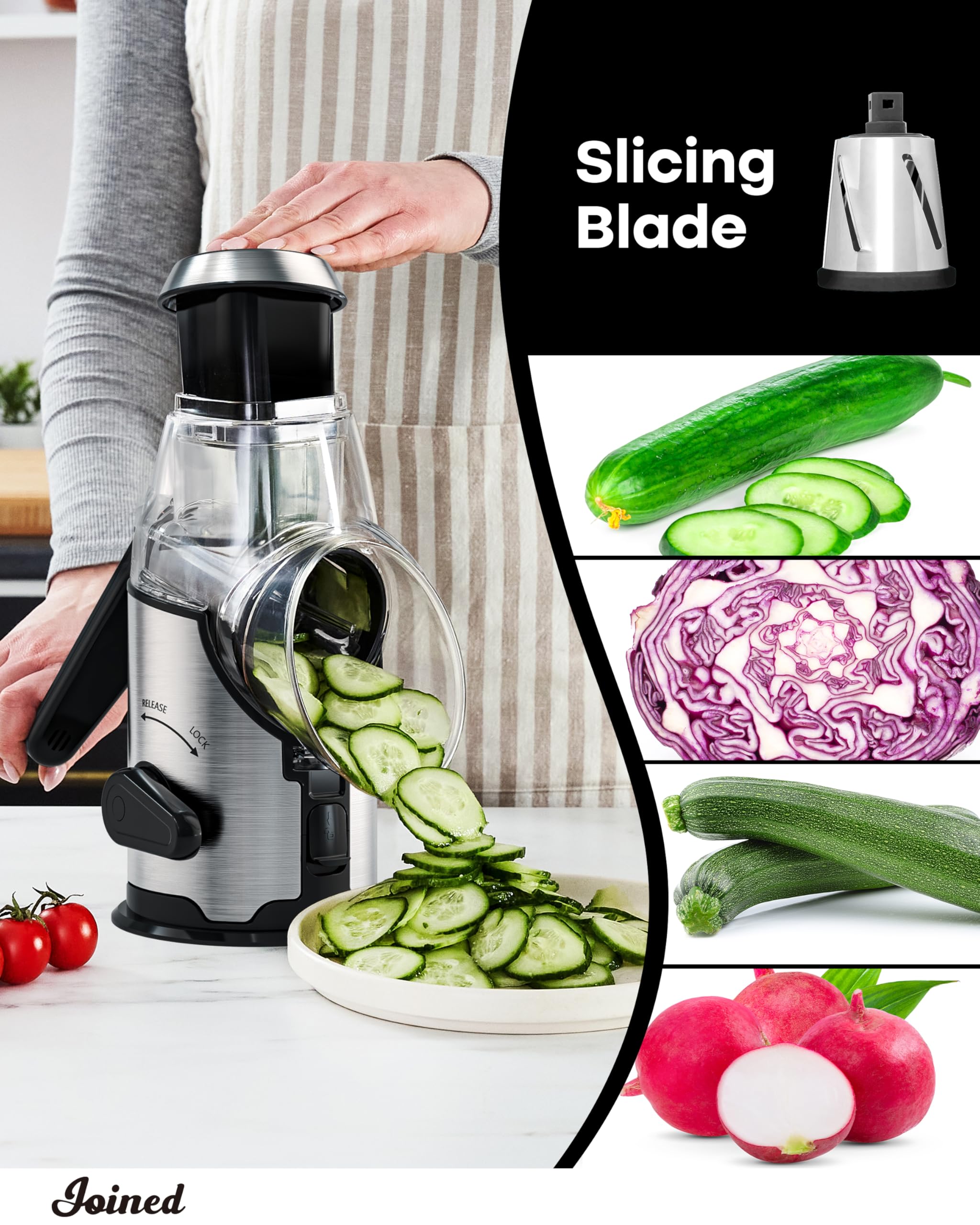 Joined rotary grater on a suction base stays secure during shredding.