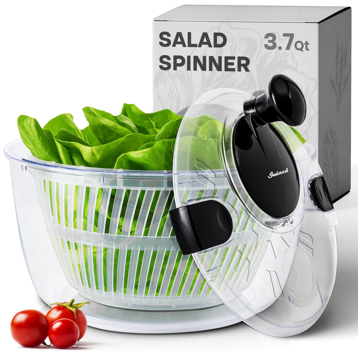 Joined salad spinner base provides stable, mess-free drying.