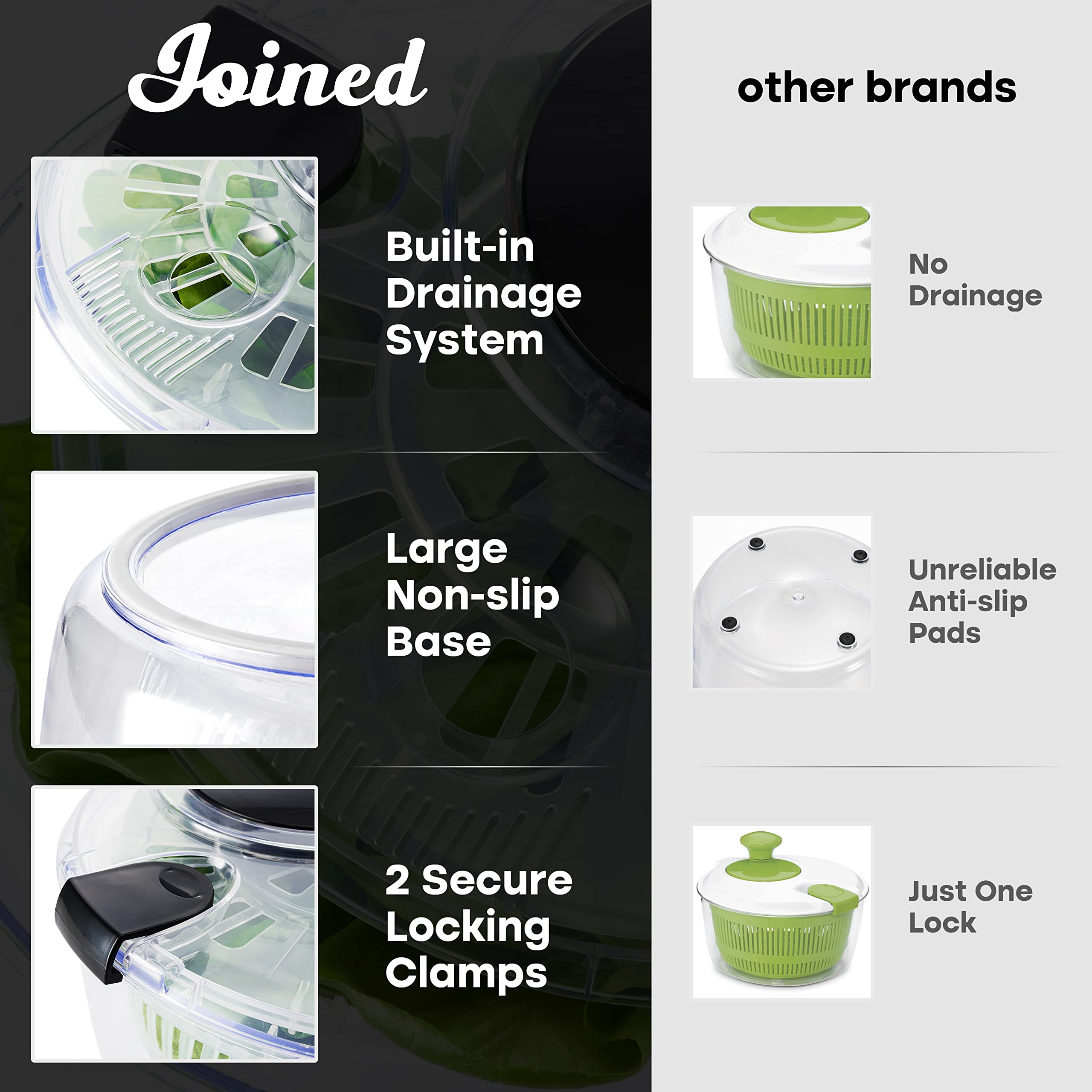Joined salad spinner bowl doubles as a serving dish.