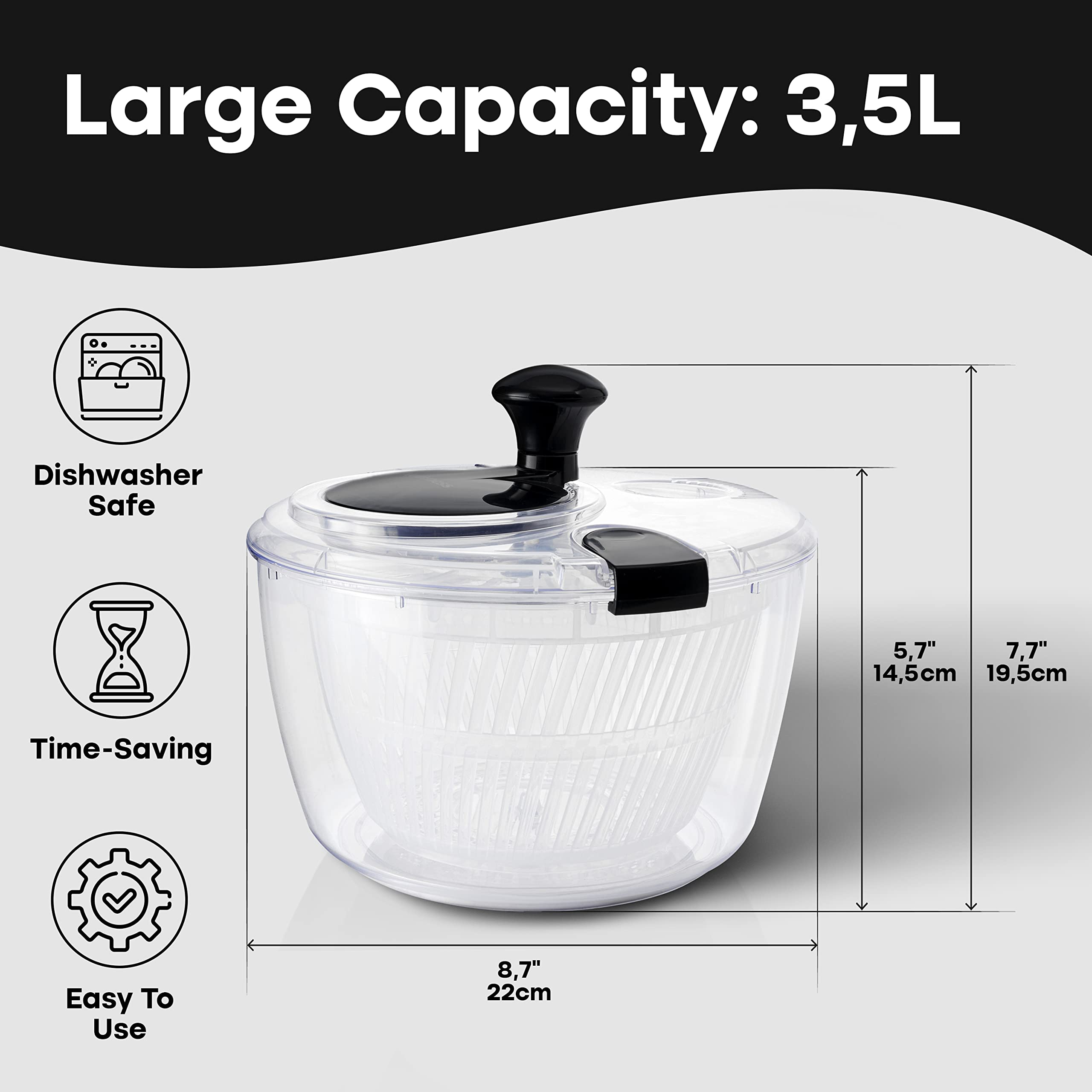 Joined salad spinner colander for easy vegetable washing.