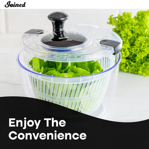 Joined salad spinner drain opening enables quick water removal.