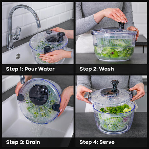 Joined salad spinner drainage system drains water without removing the lid.