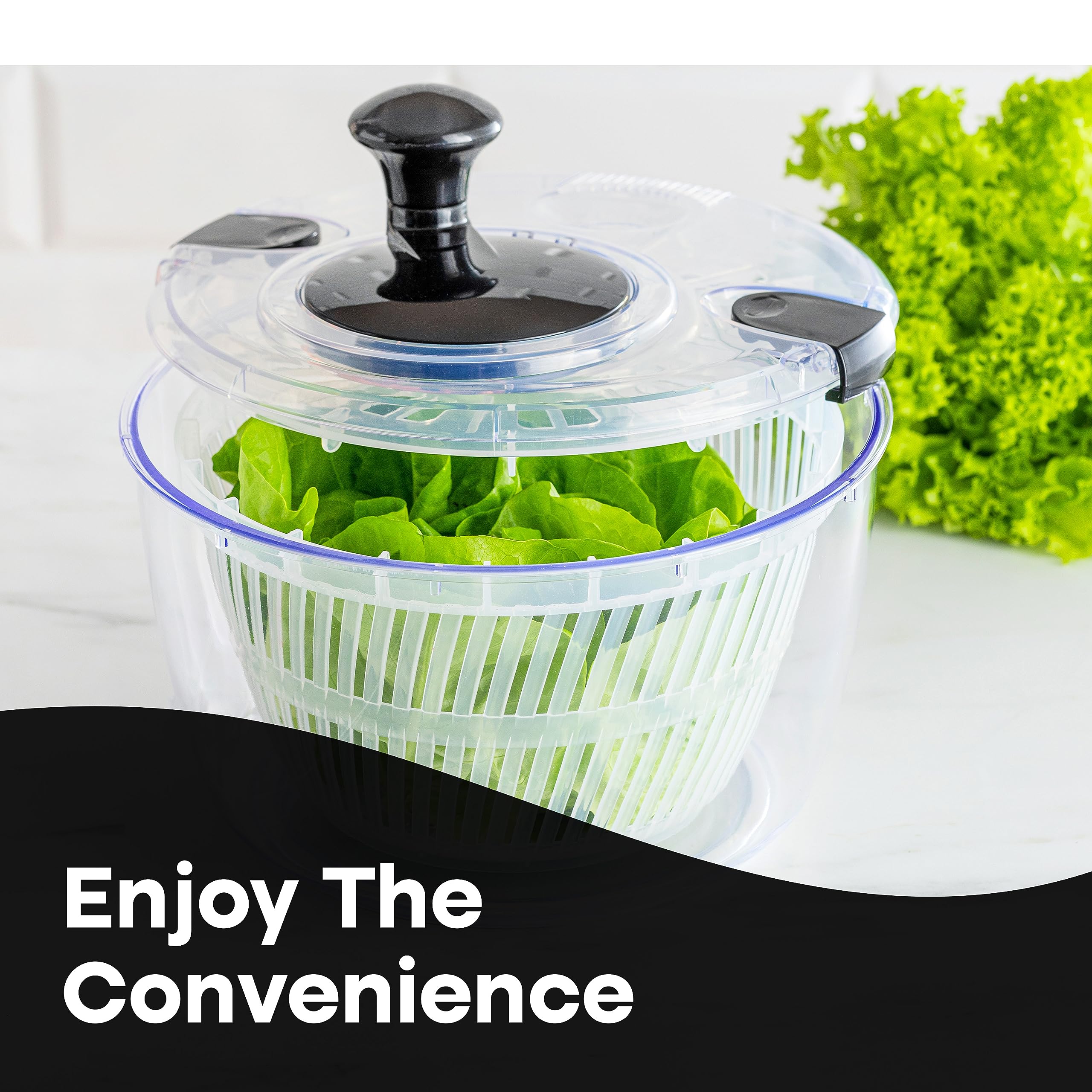Joined salad spinner on countertop with a stable non-skid base.