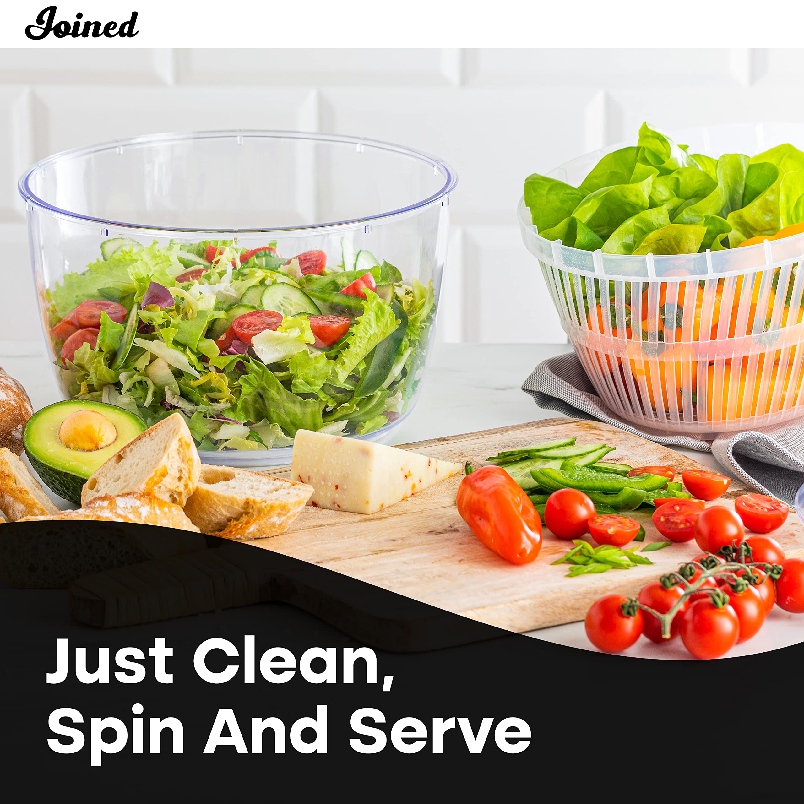 Joined salad spinner non-slip base stays steady on counters.