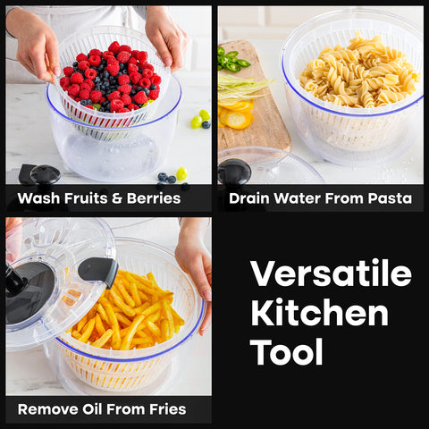 Joined salad spinner three-in-one design saves space.