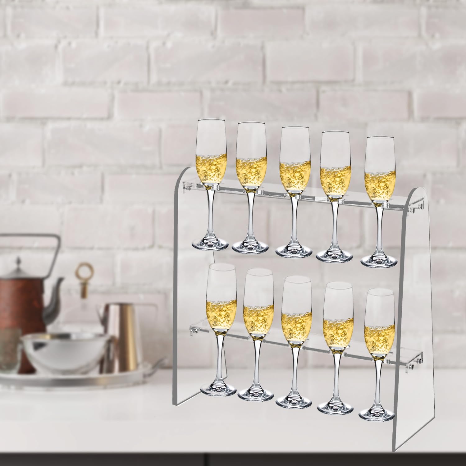 Joiooda champagne wall holder front-angle shot, modern and transparent for party setups.