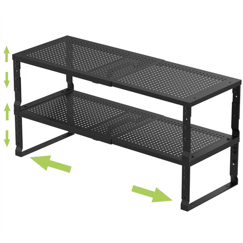 Jojocross expandable kitchen organizer demonstrates adjustable length for flexible pantry storage.