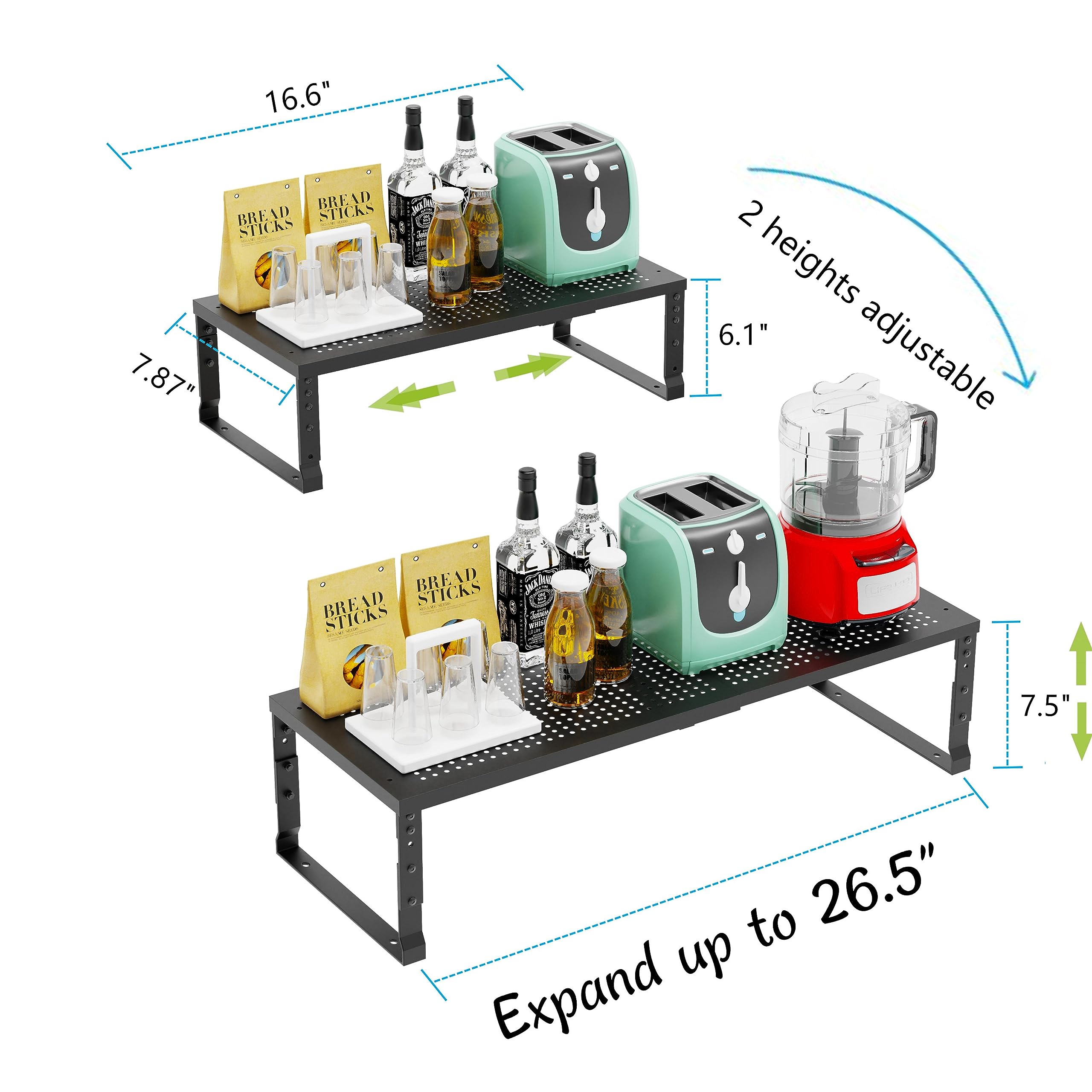 Jojocross stackable two-tier setup creates extra kitchen storage space.