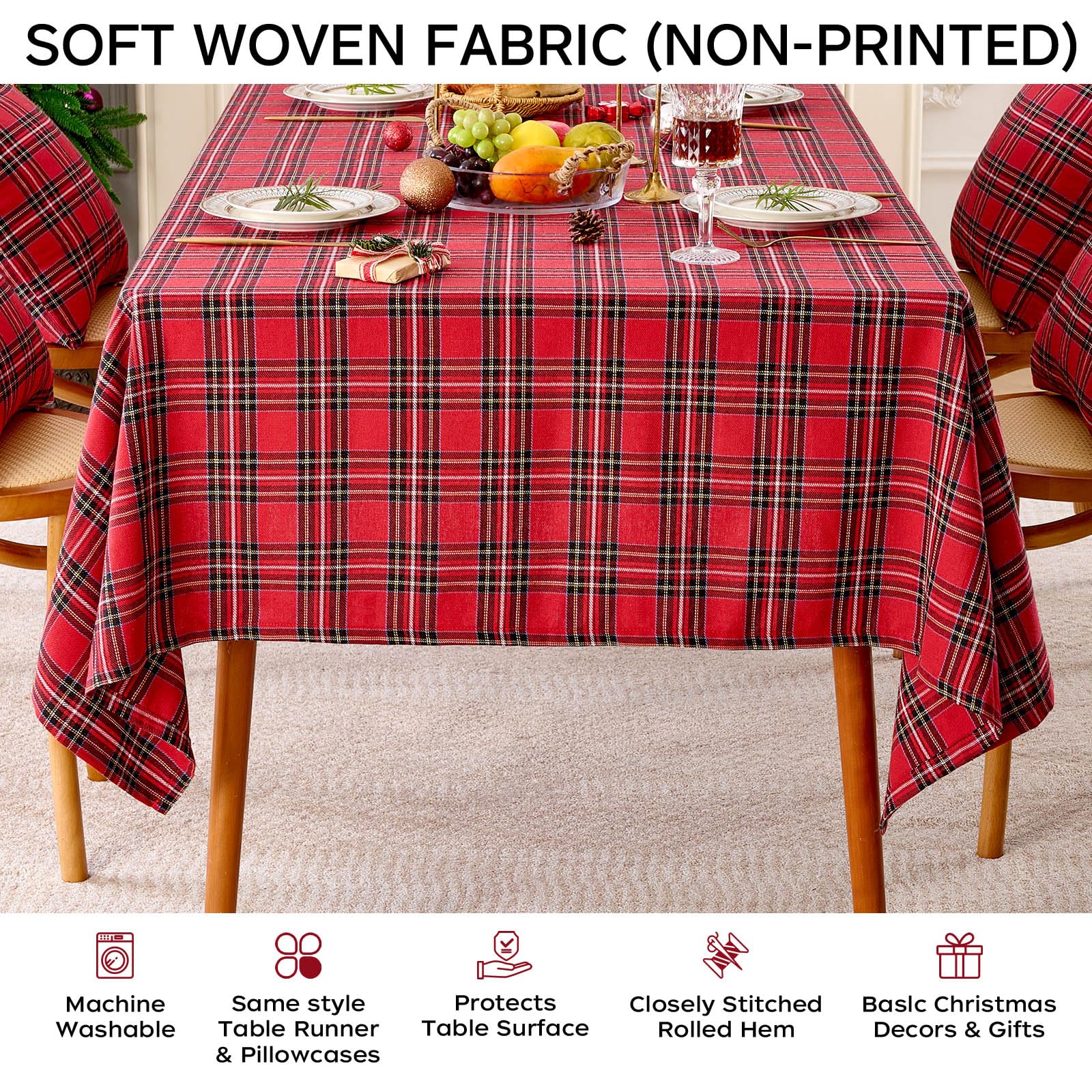 JOJOGOGO red tartan tablecloth on wooden dining table for Christmas.