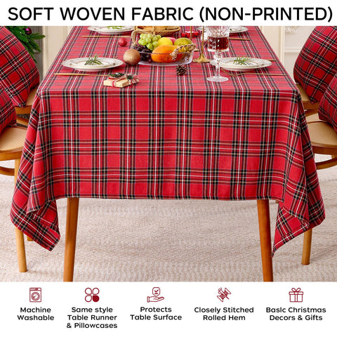JOJOGOGO red tartan tablecloth on wooden dining table for Christmas.