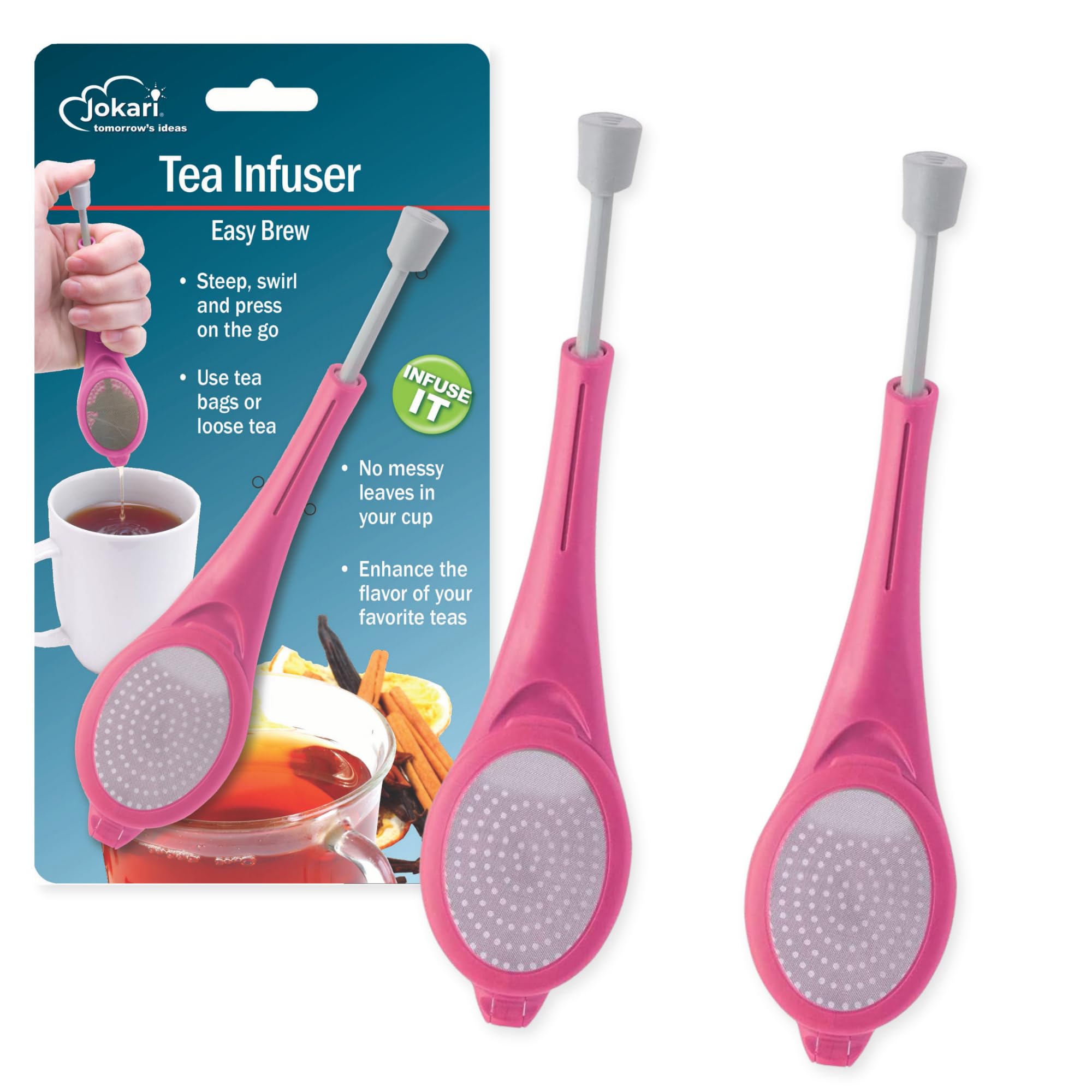 Jokari loose leaf tea infuser in pink stainless for clean, flavorful brews.