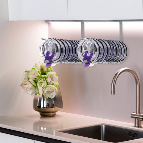 Jolensoy space-saving kitchen organizer in action under cabinet shelf.