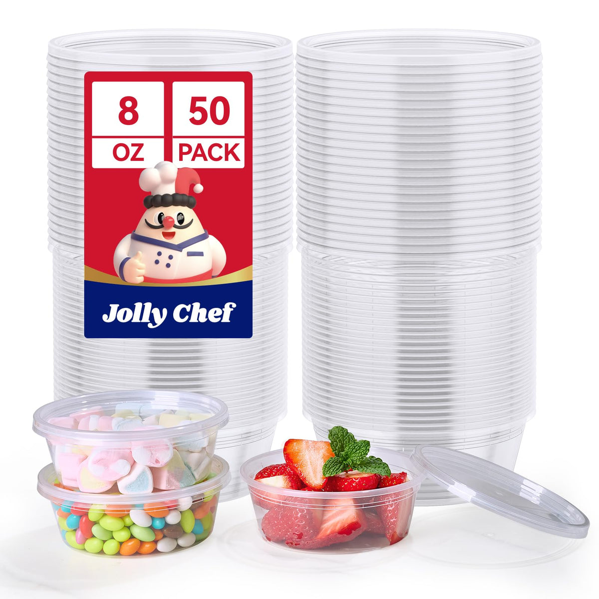 JOLLY CHEF 8oz deli container with lid for easy, leakproof storage.